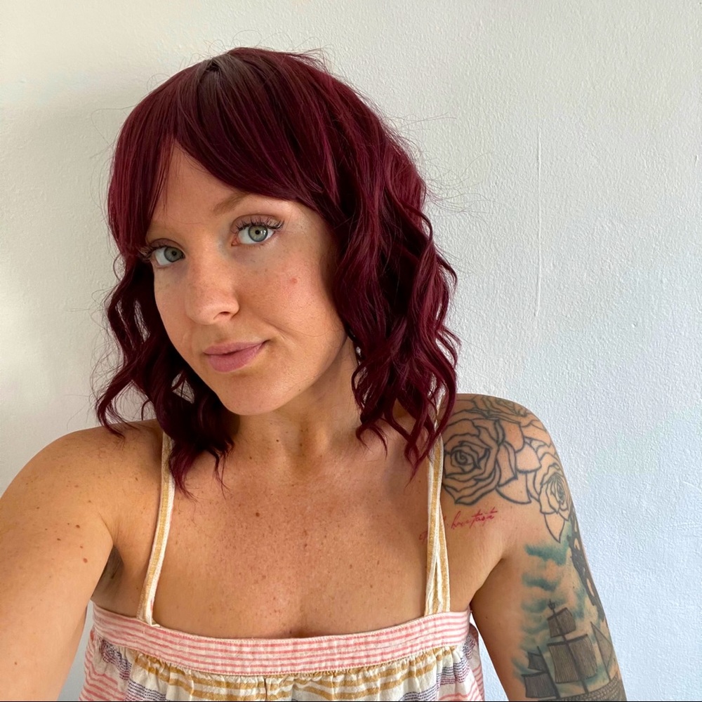 Deep red medium length beach wave wig